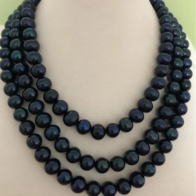 stunning 9-10mm round tahitian black pearl necklace 48inch 14k/20