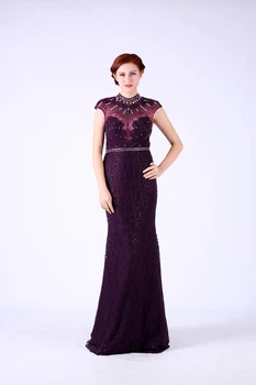 

Purple Evening Dresses Long 2020 V-neck See Through Beading Party Prom Gowns Plus Size Elegant Robe De Soiree