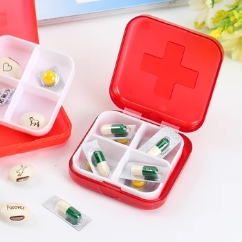 

1 Pc Carton Cross Four-Grid Medicine Box Portable First-Aid Kit Household 4-Grid Sealed Medicine Box Red Pill Storage Box