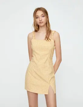 

2020 new Spring Summer European Square Collar Short zaraing women Dress vadiming sheining female Yellow dress O9616
