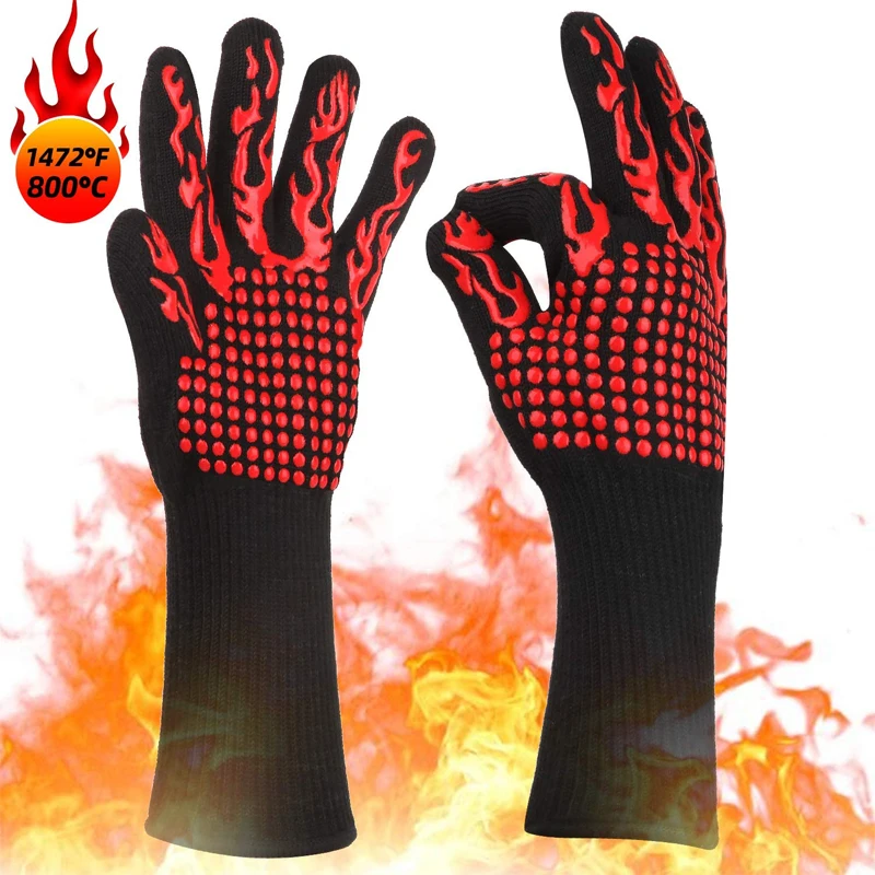 

BBQ Gloves Kitchen Fireproof Gloves Heat Resistant Lining Cooking Baking Barbecue Oven Work Gloves BBQ Grill M BBQ Grill Mittens