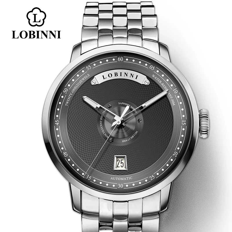 Silver-Black-slive-s LOBINNI роскошные швейцарские бренды автоматические часы мужские механические часы Бестселлер кожаные часы мужские сапфировые наручные часы - Цвет: Silver-Black-slive-s