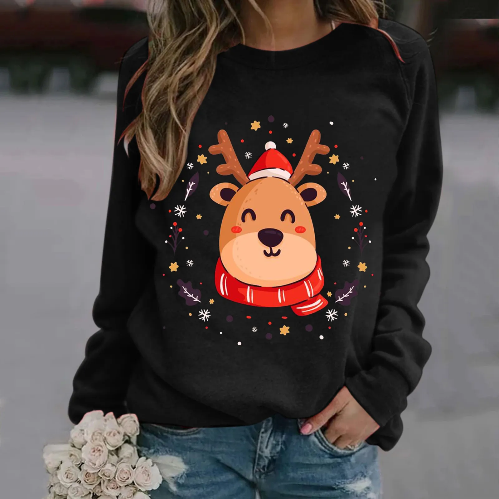 PASATO Mens Autumn Winter 3D Christmas Print Long Sleeve O-Neck Sweatshirt Blouse Clearance Sale