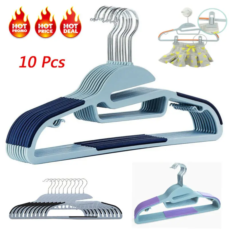 

10pcs Laundry Storage Non Slip Flocked Hanger Organizer Clothes Coat Hanging Hangers Drying Rack With Trouser Bar NEW