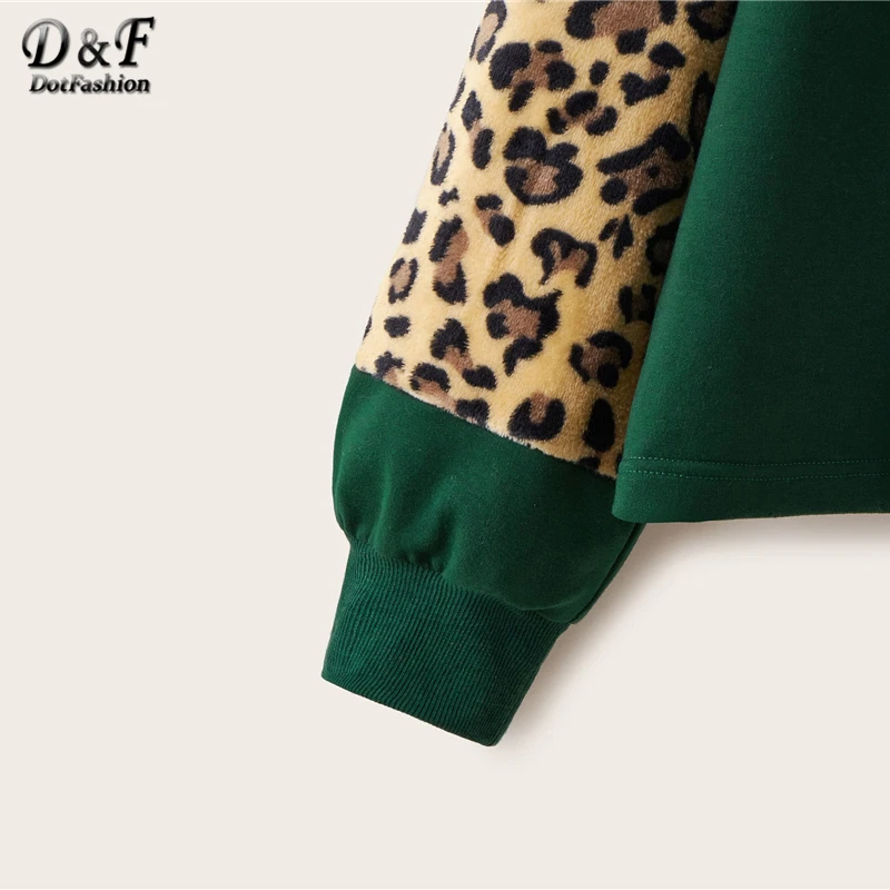 Dotfashion размера плюс зеленый Леопардовый принт пэтчворк Толстовка Для женщин Весна Тедди из свитеров с длинными рукавами дамы Повседневное Топ
