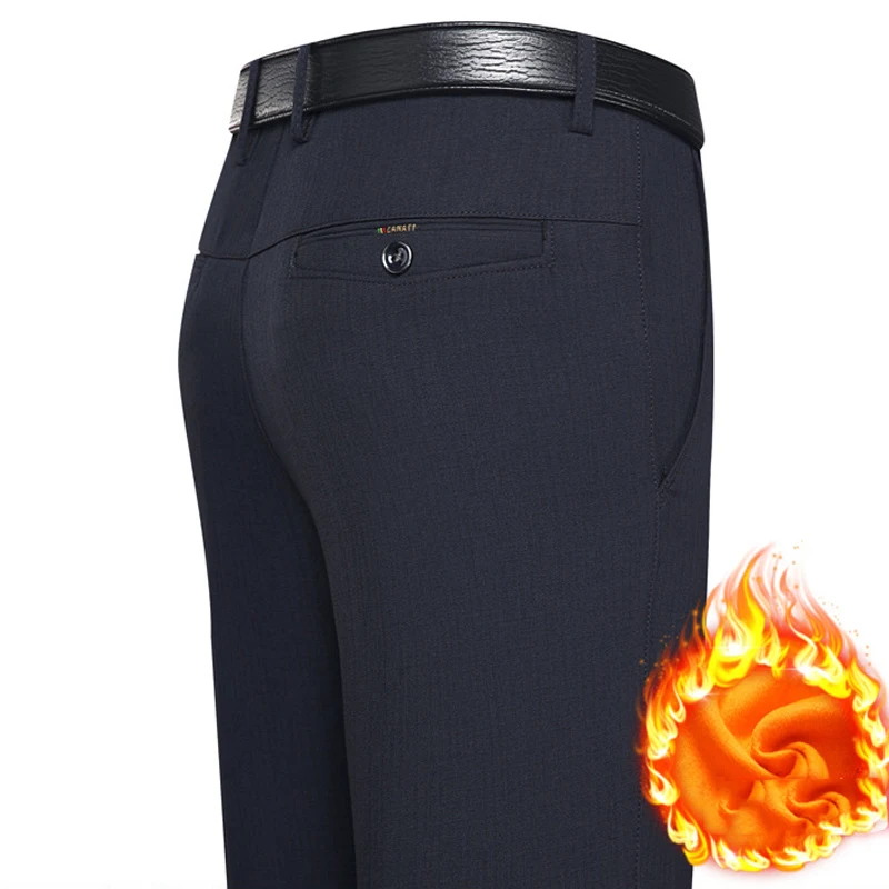 Papá-traje de lana cálido para hombre, pantalones de mediana edad, pantalones flojos rectos informales con terciopelo grueso 42, Otoño e Invierno