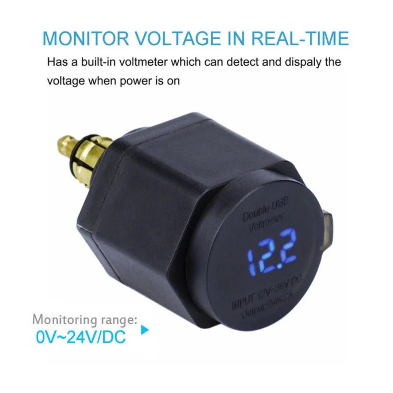 Motorcycle Waterproof Dual USB Charger Power Adapter Digitale Display Plug LED Voltmeter DIN Plug Socket