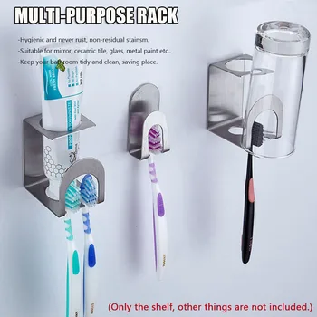 

Wall Mounted Toothpaste Self Adhesive Accessories Toothbrush Holder Mug Bathroom Multi-Purpose Holes Stainless Steel