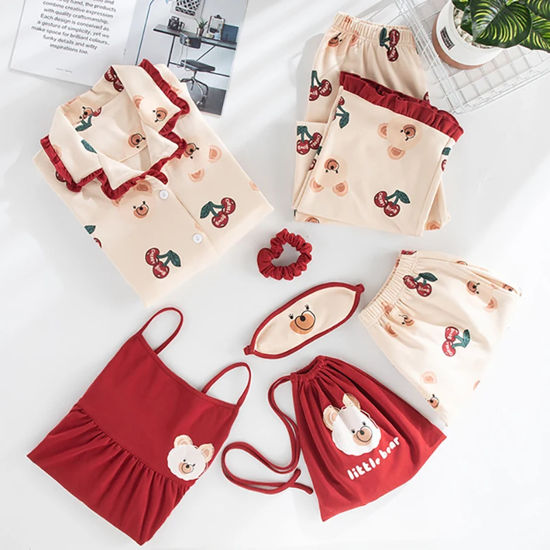 

MELIFLE 7 Pieces Pajamas Sets for Women All-Cotton Cute Cartoon Print Sleepwear Summer Winter Fashion Sling Homesuit Nightwear