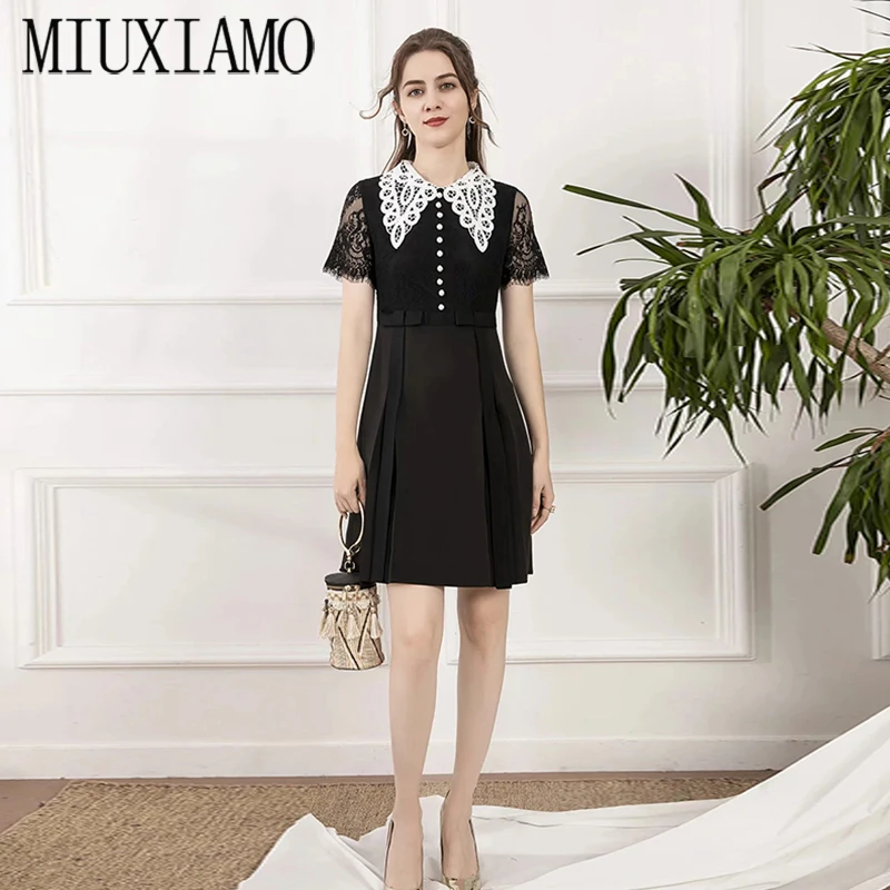 

MIUXIMAO 2021 Spring Summer Party Dress Half sleeve Office Lady Eleghant Lace Black Casual Dress Women Vestidos