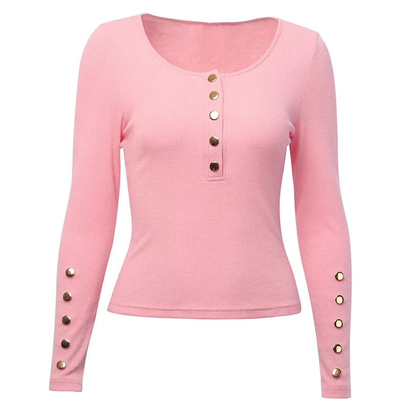 Pink InstaHot Трикотажная хлопковая Футболка с пуговицами спереди и длинным рукавом, базовый топ, Тонкий Повседневный винтажный с круглым вырезом, Женская Осенняя футболка, мода - Цвет: Pink