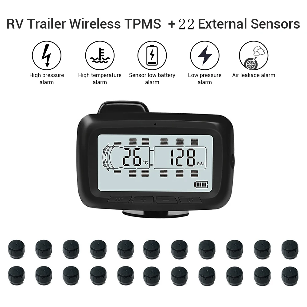 WONVON 22 внешние датчики RF беспроводной автомобильный TPMS система мониторинга давления в шинах ЖК-дисплей с ретранслятором для RV Прицепа автобуса