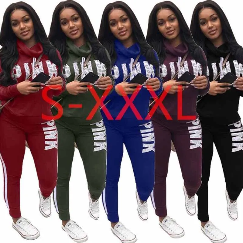 

Plus Size 2 Piece Set Women Outfit PINK Letter Print High Neck Hoodies Sweatshirt Pants Tracksuit Streetwear Casual Suit 2020