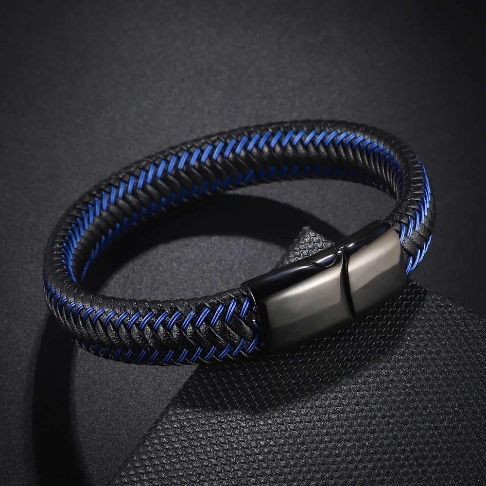 Trendy Men's Red Blue Genuine Leather Bracelet Stainless Steel Magnet Clasp Couples Jewelry Gifts for Unisex - Image 3
