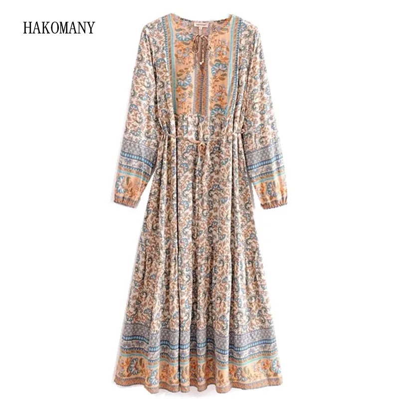 Woman Tie Bow Waist Long Sleeve Tassel Dresses BOHO Beach Bohemian Bell Lacing Up V neck Beige Orange Floral Holiday Long Dress