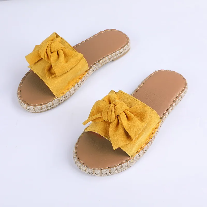 Yellow B Модные милые женские тапочки с бантом; женские розовые шлепанцы; летние сандалии на плоской подошве; Летняя Пляжная Повседневная Домашняя обувь; вьетнамки - Цвет: Yellow B