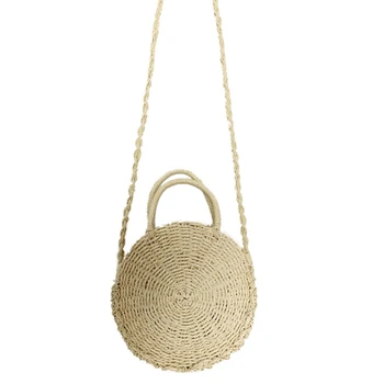 

Lady Fresh Handbag Summer Beach Tote Handmade Rattan woven Round Handbag Vintage Retro Straw Knitted Messenger Bag Beige