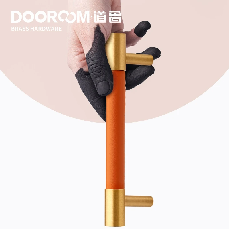 Dooroom Brass Furniture Handles Real Leather Nordic Simple Pulls Cupboard Wardrobe Dresser Shoe Box Drawer Wine Bar Cabinet Knob