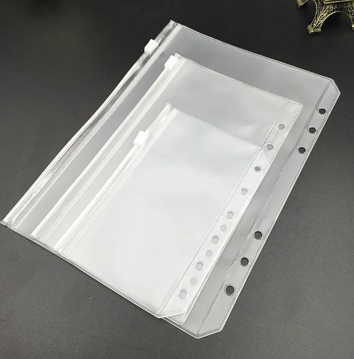 Cartelle con cerniera per raccoglitore A 5A6 A7 B5 A4 per raccoglitore per notebook a 6 anelli Borse trasparenti per archiviazione documenti a fogli mobili