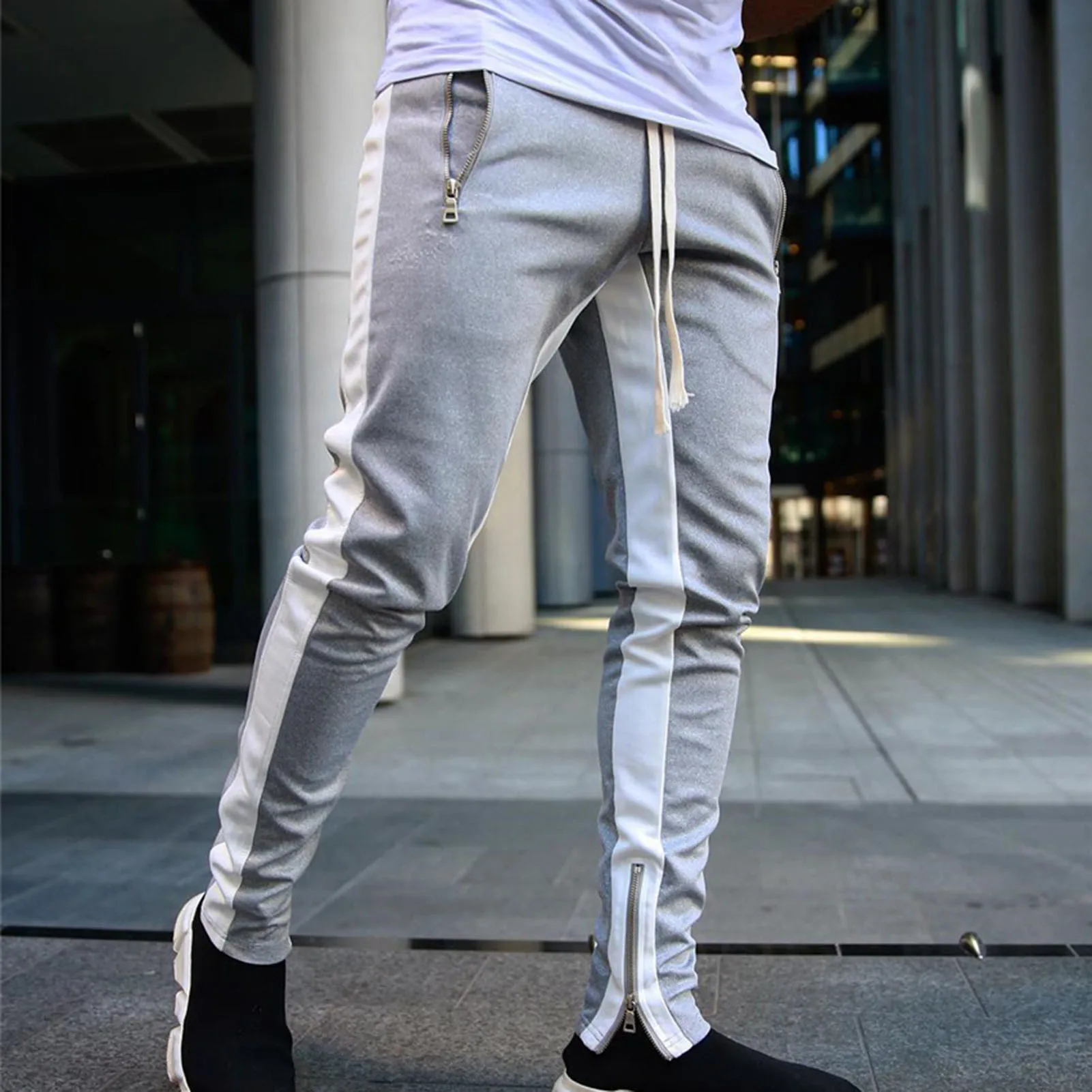 Men Pants Trousers Side Stripe Zippered Casual Men Fitness Sweatpants Sportswear Boys Joggers Harem Pants штаны мужские sport jogging trousers
