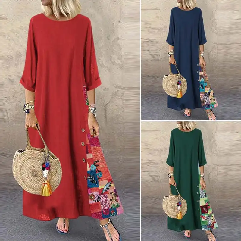 Женское платье осень лето ZANZEA Vestidos Длинное Макси платье Цветочный Принт пэчворк Кнопка Повседневная Плюс Размер Сарафан