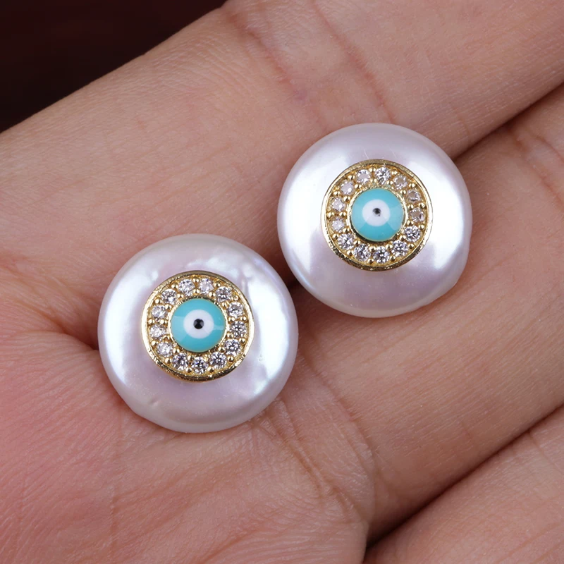 

white cz crystal pave tiny blue eye evil eye natural coin freshwater pearl bead protect charm gold button stud earring for women