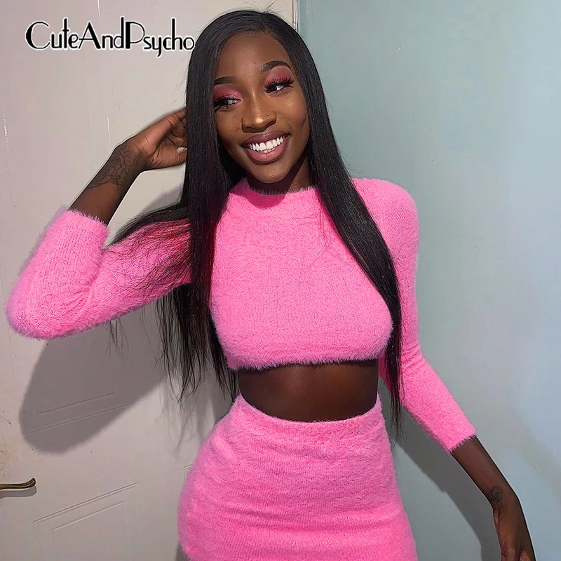

Shaggy Fuzzy Two Piece Sets Women Cropped Tops And High Waist Mini Skirt Matching Set Fashion Bodycon Autumn Warm Cuteandpsycho