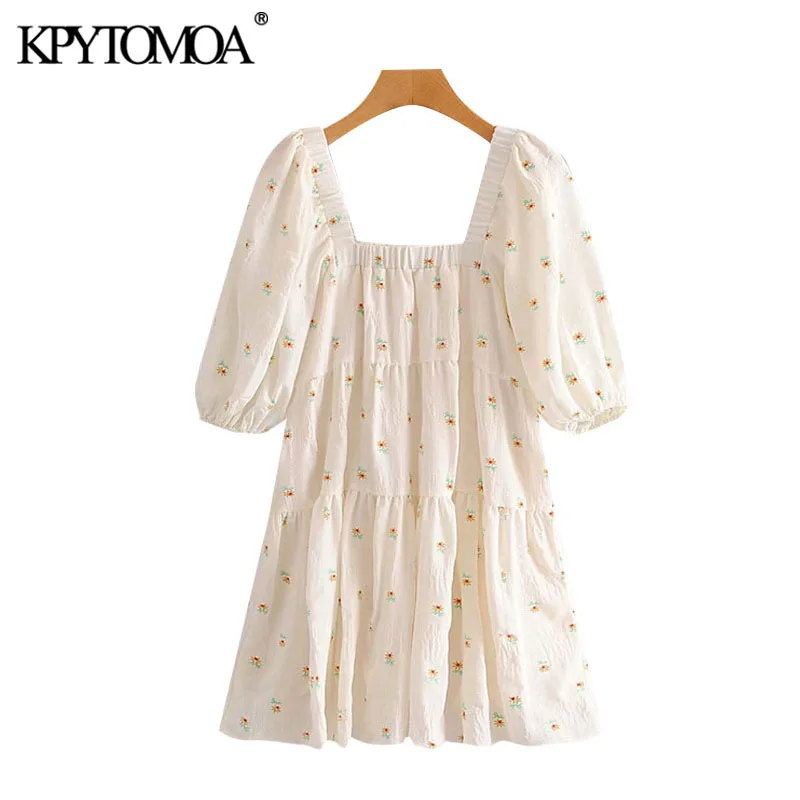 KPYTOMOA Women 2020 Sweet Fashion Floral Print Ruffled Mini Dress Vintage Square Collar Lantern Sleeve Female Dresses Vestidos KPYTOMOA Women 2020 Sweet Fashion Floral Print Ruffled Mini Dress Vintage Square Collar Lantern Sleeve Female Dresses Vestidos