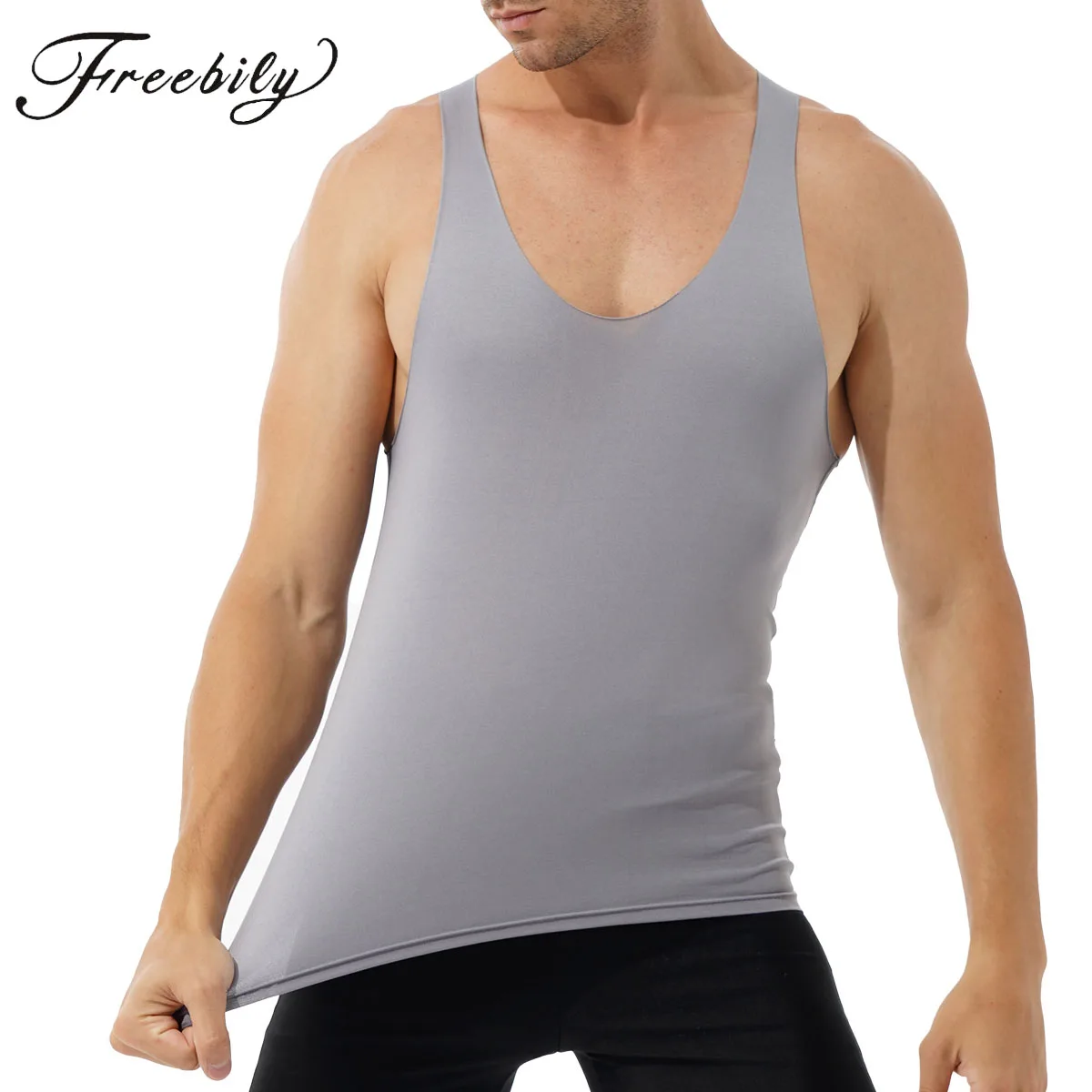 Men's Ice Silk Undershirts T Shirt V Neck Fitness Tank Tops Vest Sleeveless Lounge Sleep Tops