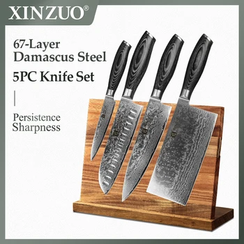 

XINZUO 5PCS Knife Set High Quality 67 Layers Damascus Stainless Steel Professional Kitchen Knife Set Magnetic Wooden Holder
