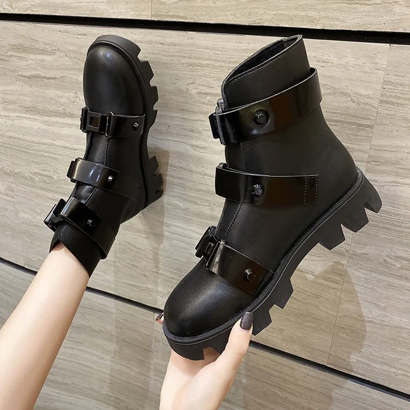 

Women Chelsea Boots Elastic Martin Ankle Slip-on Black Leather Plush Square Toe Platform Short Basic Winter Boots Ladies