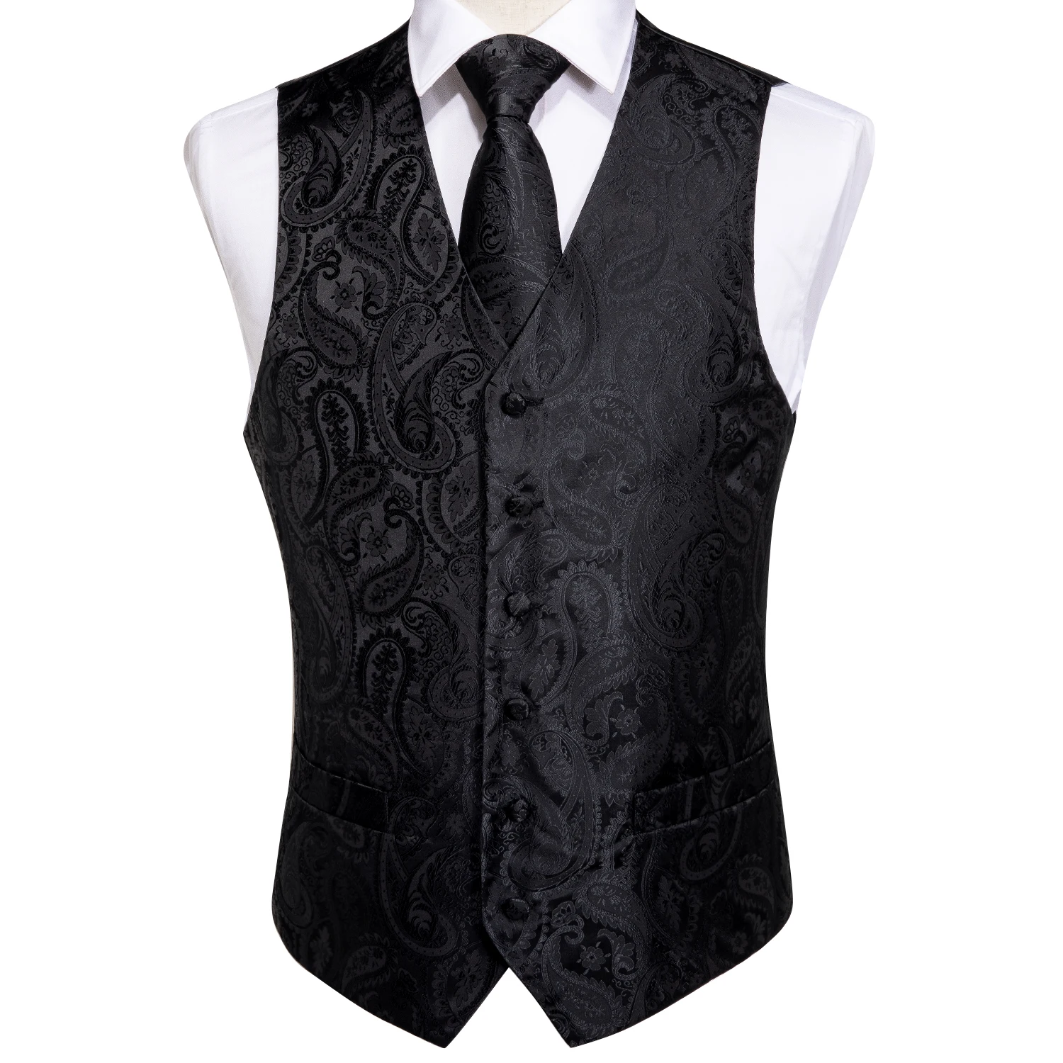 DiBanGu Black Paisley Fashion Wedding Men 100% Silk Waistcoat Vest Ties Pocket Square Cufflinks Set for Suit Tuxedo MJTZ-109
