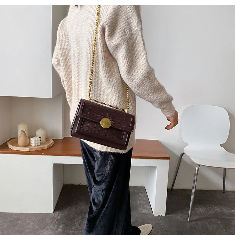 Винтажная модная квадратная сумка через плечо с каменным узором, новинка, качественная женская сумка из искусственной кожи, сумка на плечо с замком и цепочкой