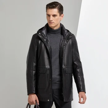 

2020 New Fashion Men's Jacket Hooded Down Leather Jacket Men Winter Long Fur Jackets Coat for Men Detachable, Big Size M-4XL