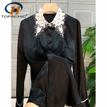 

1.7 High quality Fashion 100% Silk Shirt Women Contrast color Embroidery Beading Turn-down collar Temperament Solid Blouse