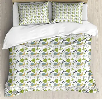 

Snails Duvet Cover Set Botanical Concept of Leaves and Snails 3 Piece Bedding Set White Multicolor