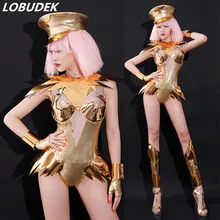 Одежда для сцены, бара, ночного клуба, для женщин, DJ, певица, сексуальное, золотое, обтягивающее, без рукавов, боди, шляпа, наряд, джаз, танец, команда, вечерние, шоу, костюм