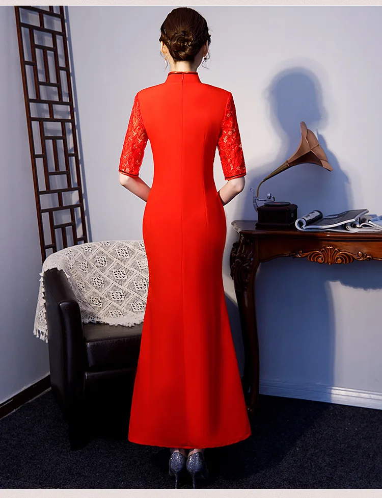 LZJN 2020 New Chinese Style Female Qipao Elegant Women Slim Long Cheongsam Red White Lace Mandarin Collar Party Dress Vestidos (13)