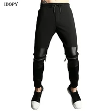 Idopy мужские джоггеры с молнией до колена из искусственной кожи в стиле пэчворк на шнурке с манжетами в стиле хип-хоп уличный стиль черные брюки