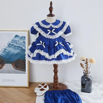 

2PCS Baby Girl Summer Plain Vintage Spanish Pompom Ball Princess Dress tutu Frocks sets