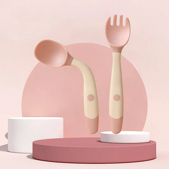 Silicone Spoon for Baby Utensils Set Auxiliary Food Toddler Learn To Eat Training Bendable Soft Fork Infant Children Tableware Pink