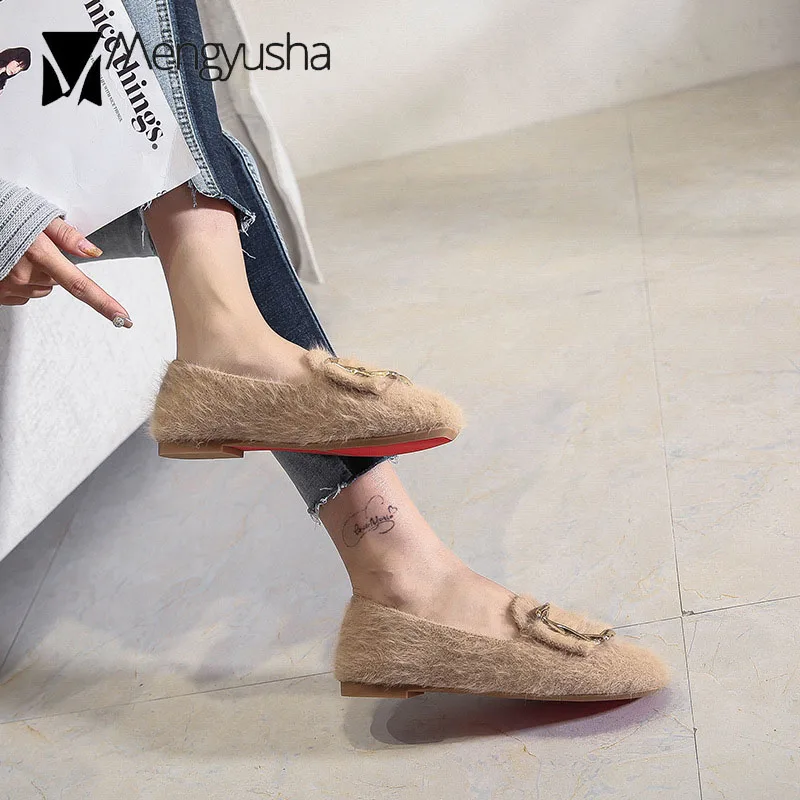brand designer metal decoration mink fur flats women square toe mules comfy plush winter loafers gold buckle furry moccasins C67