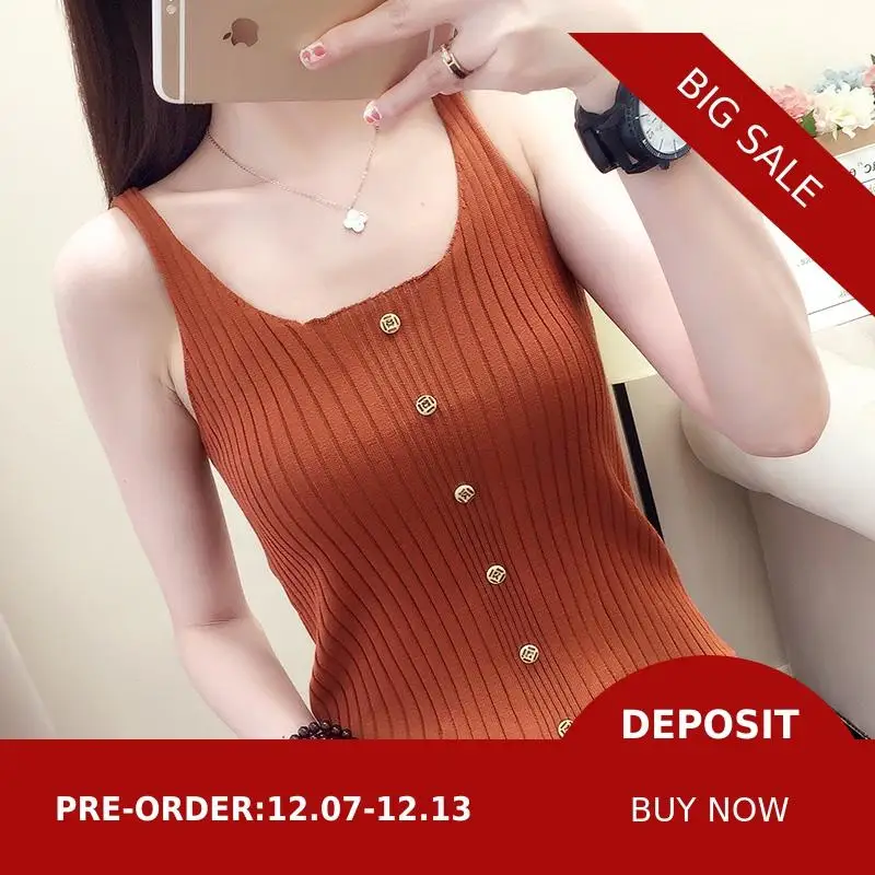 2019 New single-row knitted ice silk waistcoat with straight stripes 16-10986 | Женская одежда