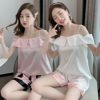 

Sexy Short Sleeve Silk Satin Shorts Pajama Sets for Women Summer Print Sleepwear Suit Pyjamas Homewear Pijama Mujer Home Clothes