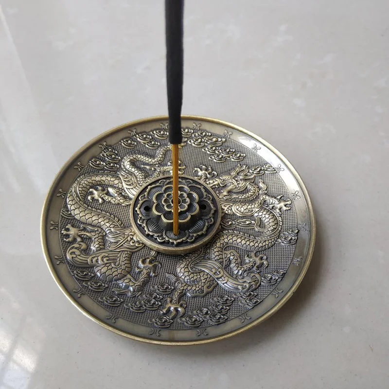 

T 2 In 1 Phoenix Dragon Incense Holder Metal Thanksgiving Gift Copper Alloy Incense Burner Round Home Decor for Incense Sticks