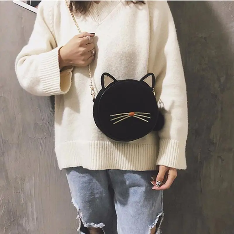 Для девочек; прелестная сумка на ремне bolsa feminina женские новые бархатные Для женщин Мини Круглый Сумка "Милый Котик" цепи Повседневное на плечо, сумки в руку