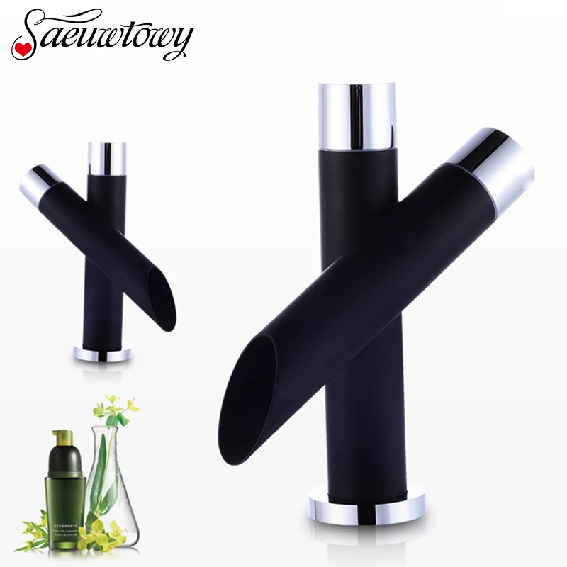 

Black Bathroom Double Handle Waterfall Basin Faucet Spout Hot And Cold Water Mixer Tap Deck Mounted Bathroom Faucet