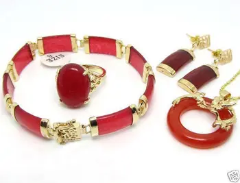 

New Jewelry Red jade Pendant Necklace Ring Bracelet Earring Set