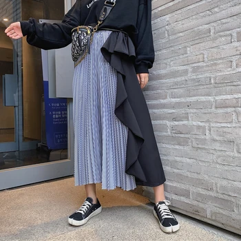 

2020 Women Girls Two-tone Pleated Long Skirt Ladies High Waist Elastic Flared Asymmetrical Skirts Ruffles Patchwork Loog Skirt