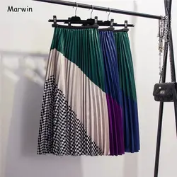 Marwin 2019 Весна новое поступление Европейский цвет соответствия клетчатая плиссированная юбка High Street Стиль до середины икры Империя